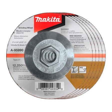 Makita Makita Hubbed INOX Grinding Wheel, 36 Grit, Type 27, 5inDia x 1/4inT x 5/8-11in Ctr HoleDia-25/Pk A-95990-25